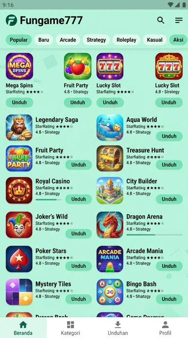 Tampilan katalog aplikasi fungame777